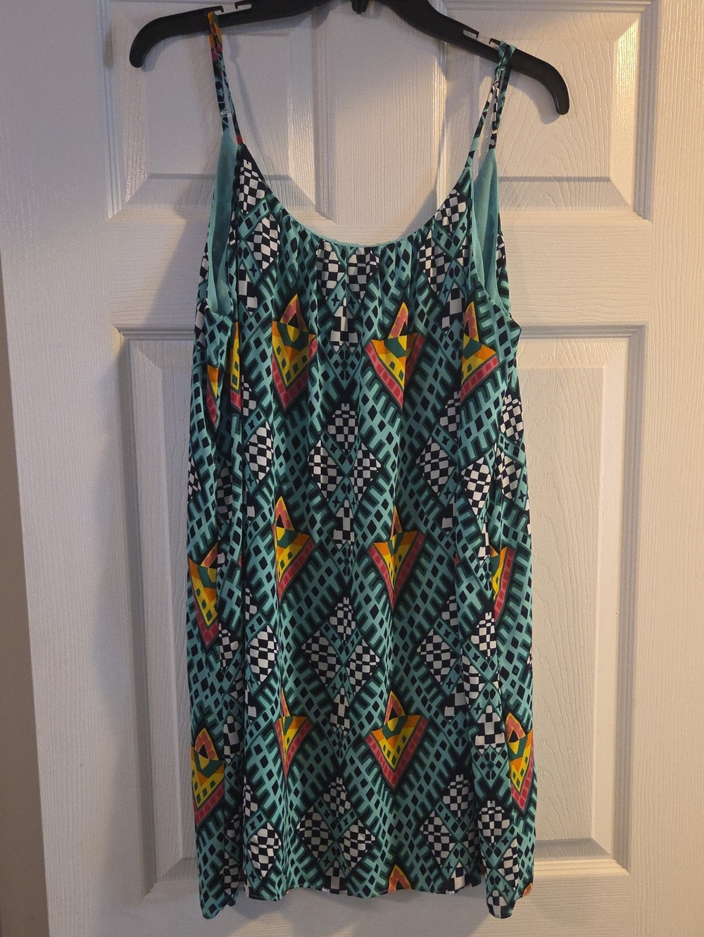 Buddy Love Teal Geo Print Mini Dress with Yellow & Pink Accents